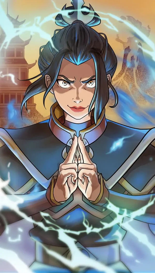 Official promotional portrait of Azula surrounded by blue fire