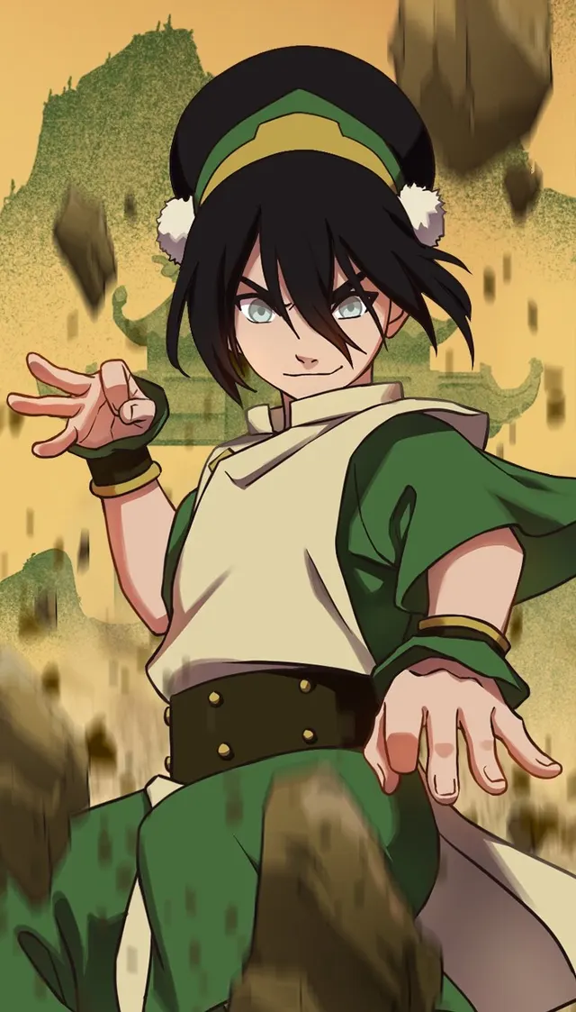 Official promotional portrait of Toph in an earthbending stance
